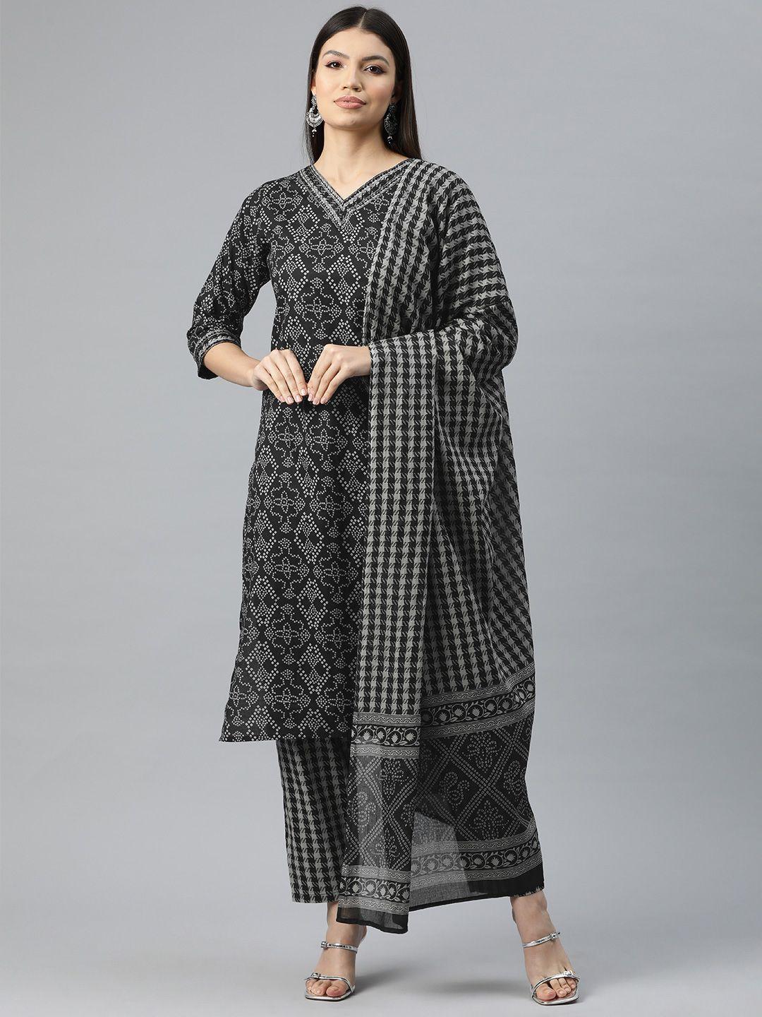 readiprint fashions women bandhani print thread work pure cotton kurta trousers & dupatta