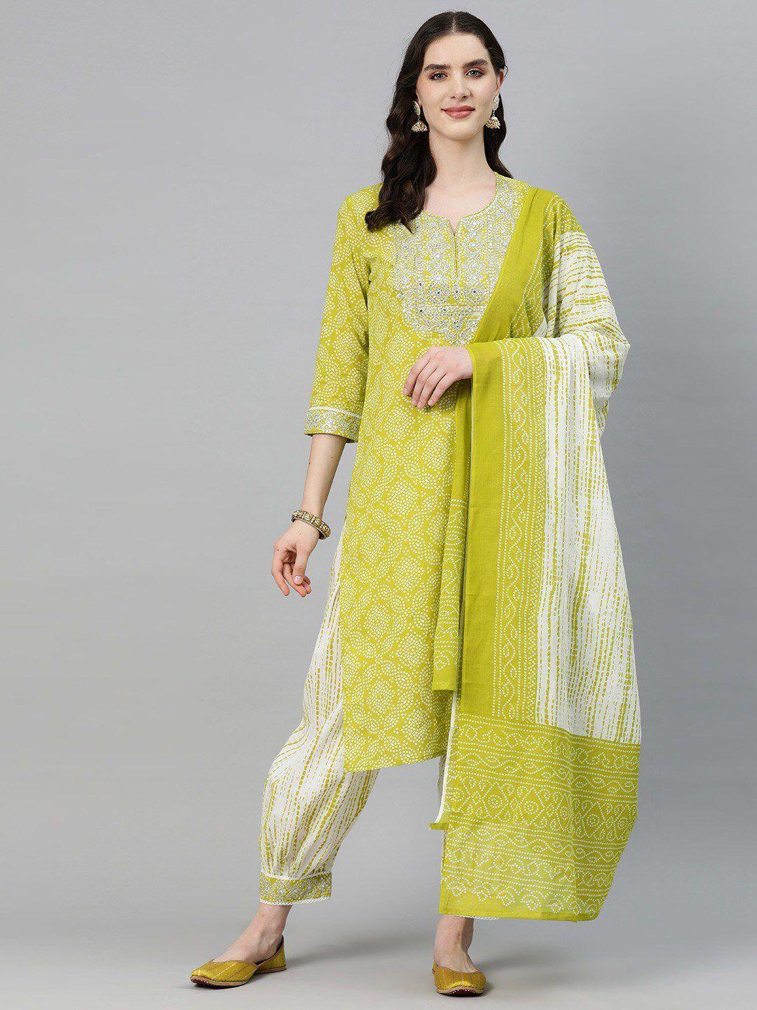 readiprint fashions women bandhani printed regular mirror work pure cotton kurta with salwar & with dupatta