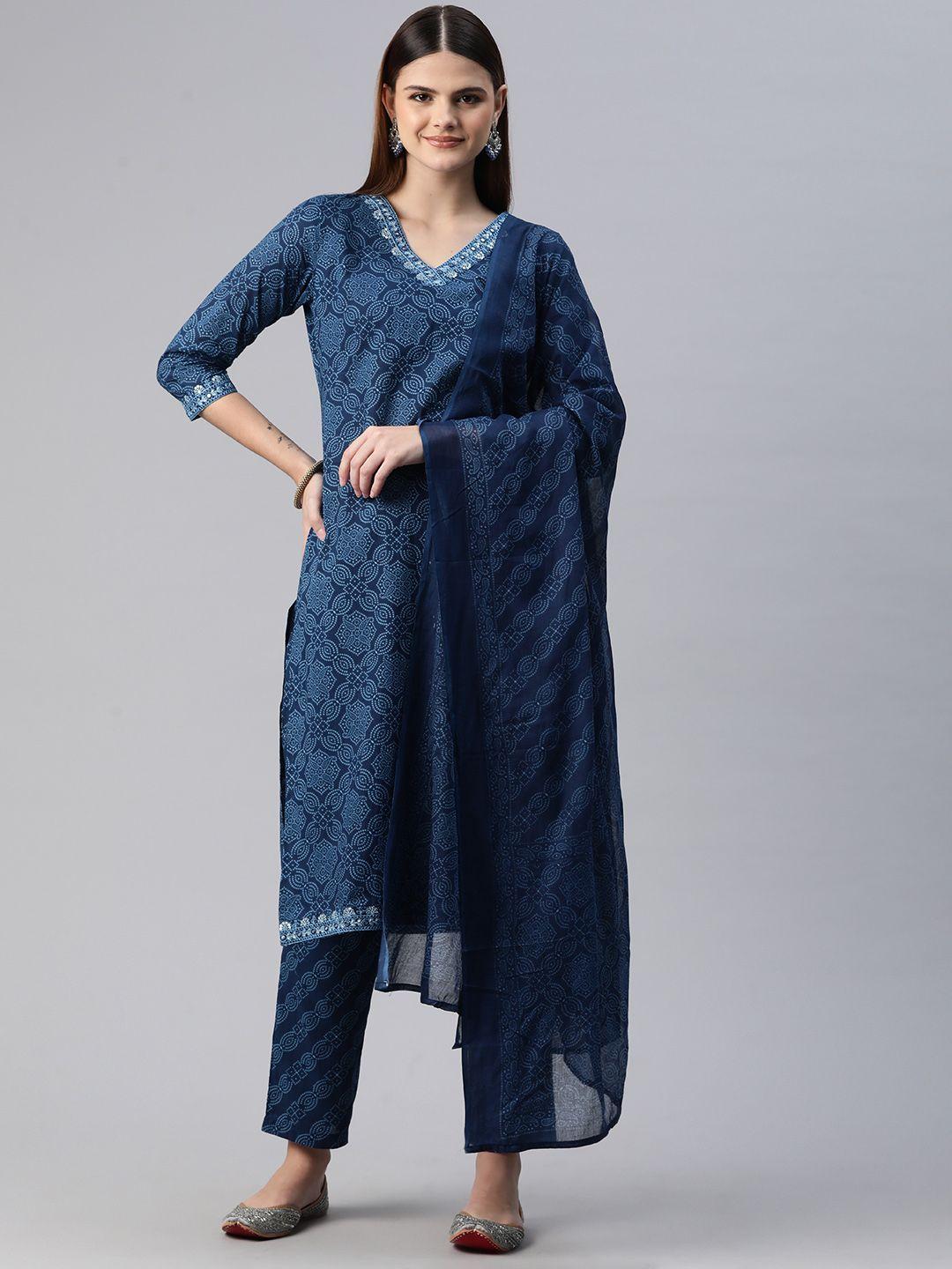 readiprint fashions women bandhani printed regular thread work pure cotton kurta with trousers & with dupatta