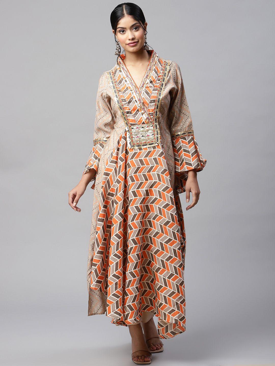 readiprint fashions women beige & orange geometric printed bell sleeves asymmetric kurta