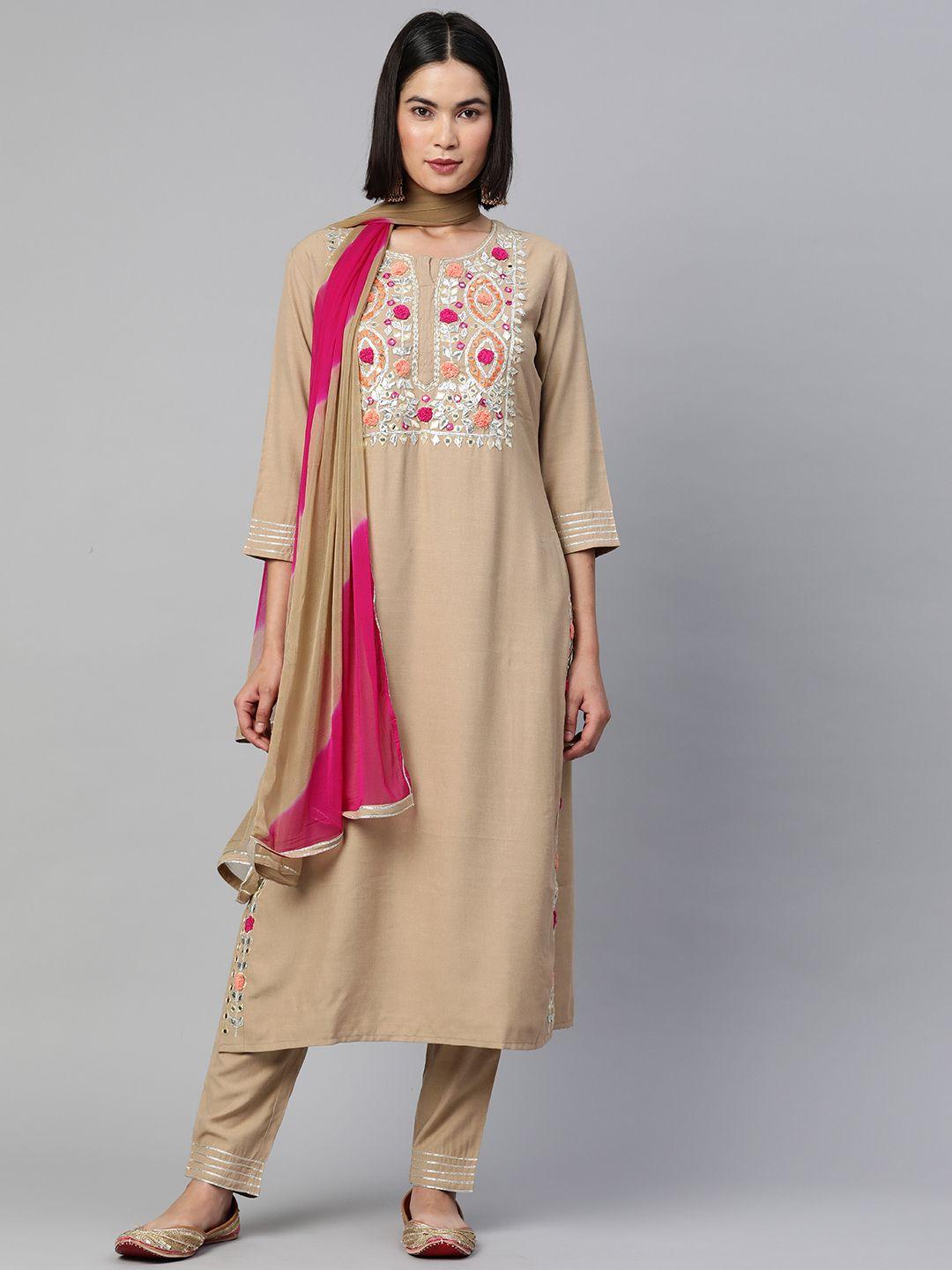 readiprint fashions women beige ethnic motifs embroidered thread work kurta with trousers & with dupatta