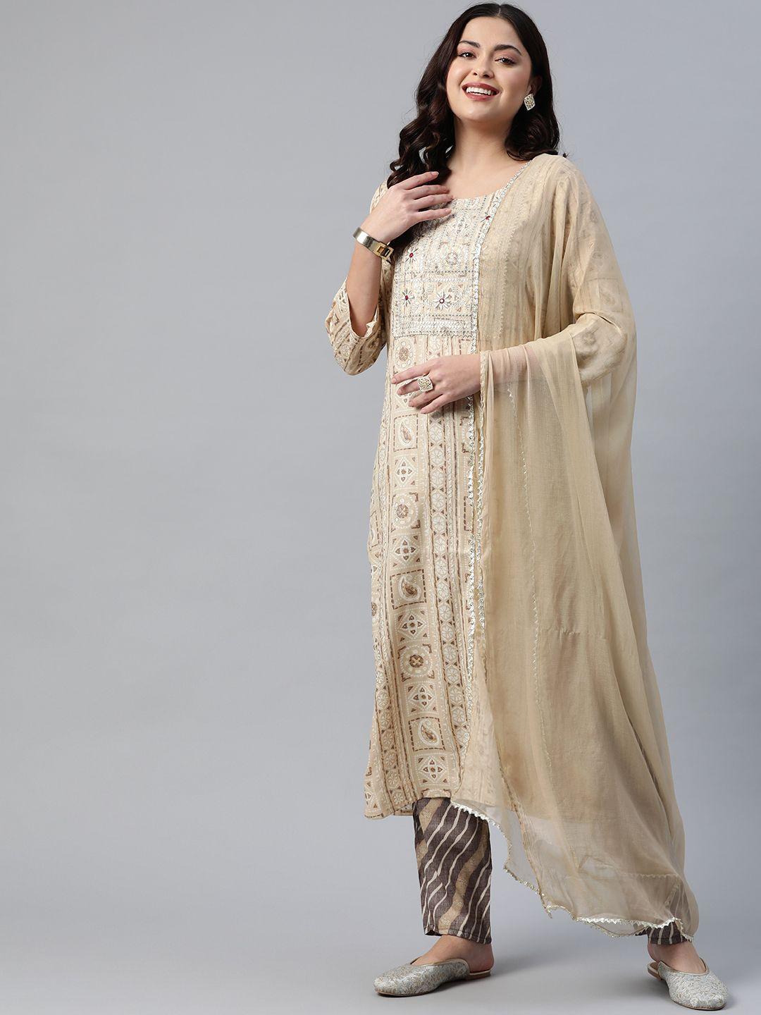 readiprint fashions women beige floral printed kurta with trousers & dupatta