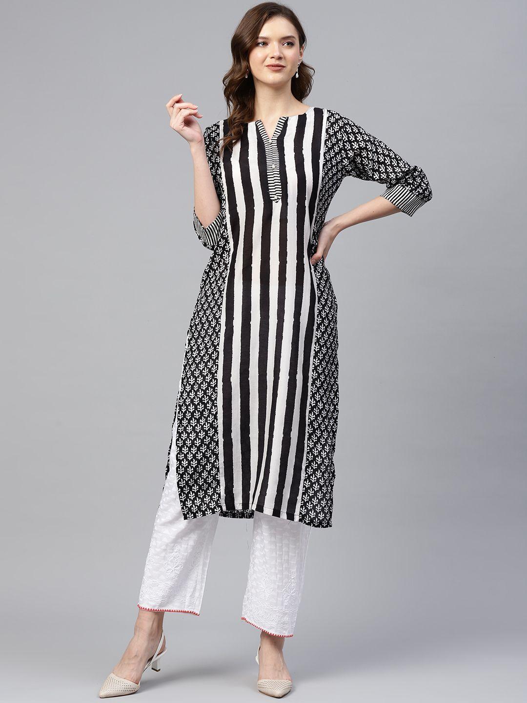 readiprint fashions women black & white striped & floral print cotton silk straight kurta