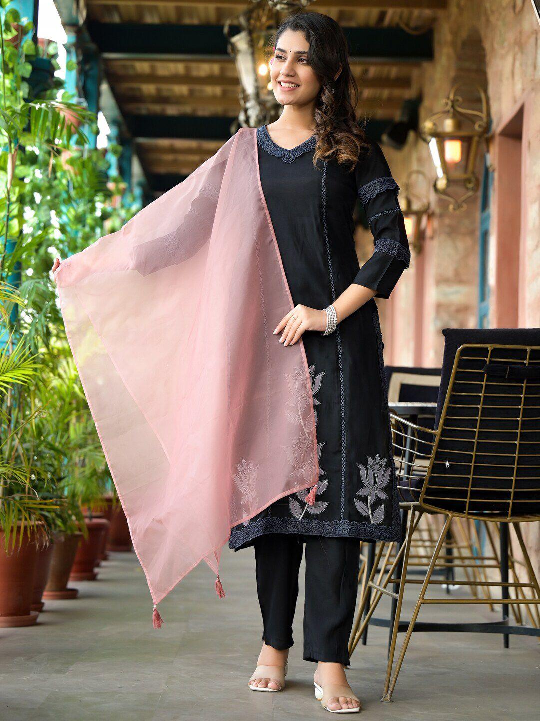 readiprint fashions women black floral embroidered regular patchwork pure silk kurta with palazzos & with