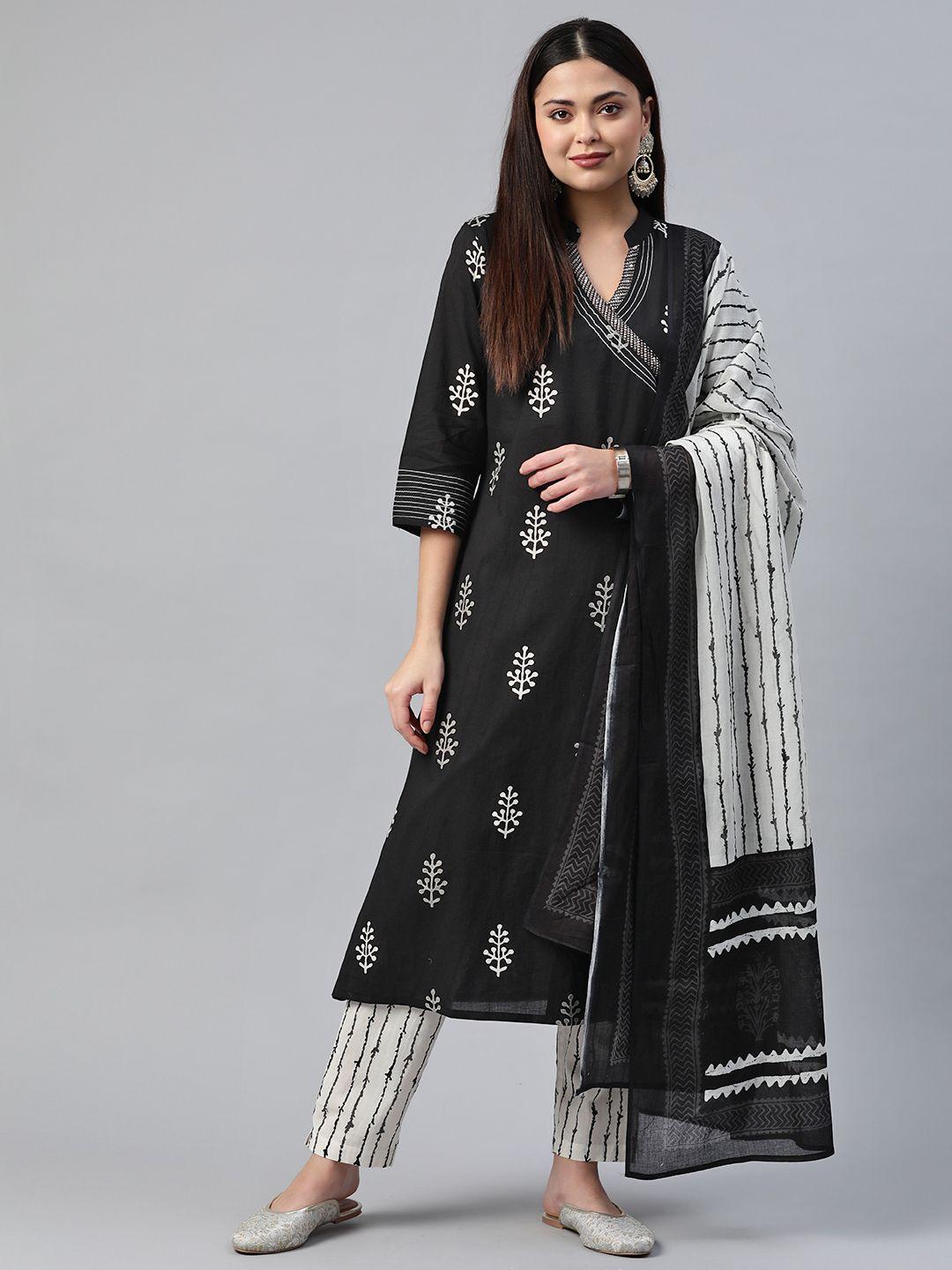 readiprint fashions women black floral printed thread work pure cotton kurta set