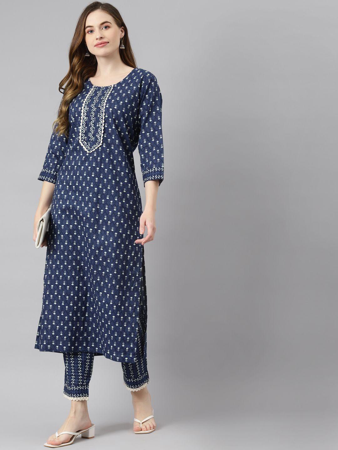 readiprint fashions women blue & white ethnic motifs printed pure cotton kurta set