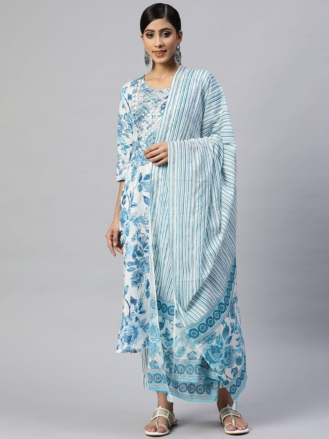 readiprint fashions women blue floral mirror work cotton kurta with palazzos & dupatta