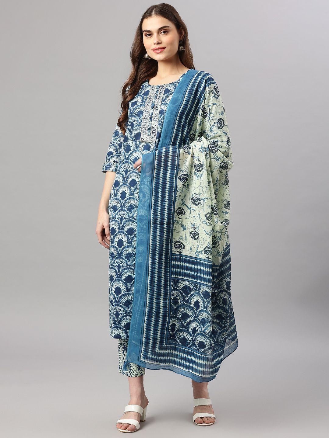 readiprint fashions women blue floral printed sequined pure cotton kurta set