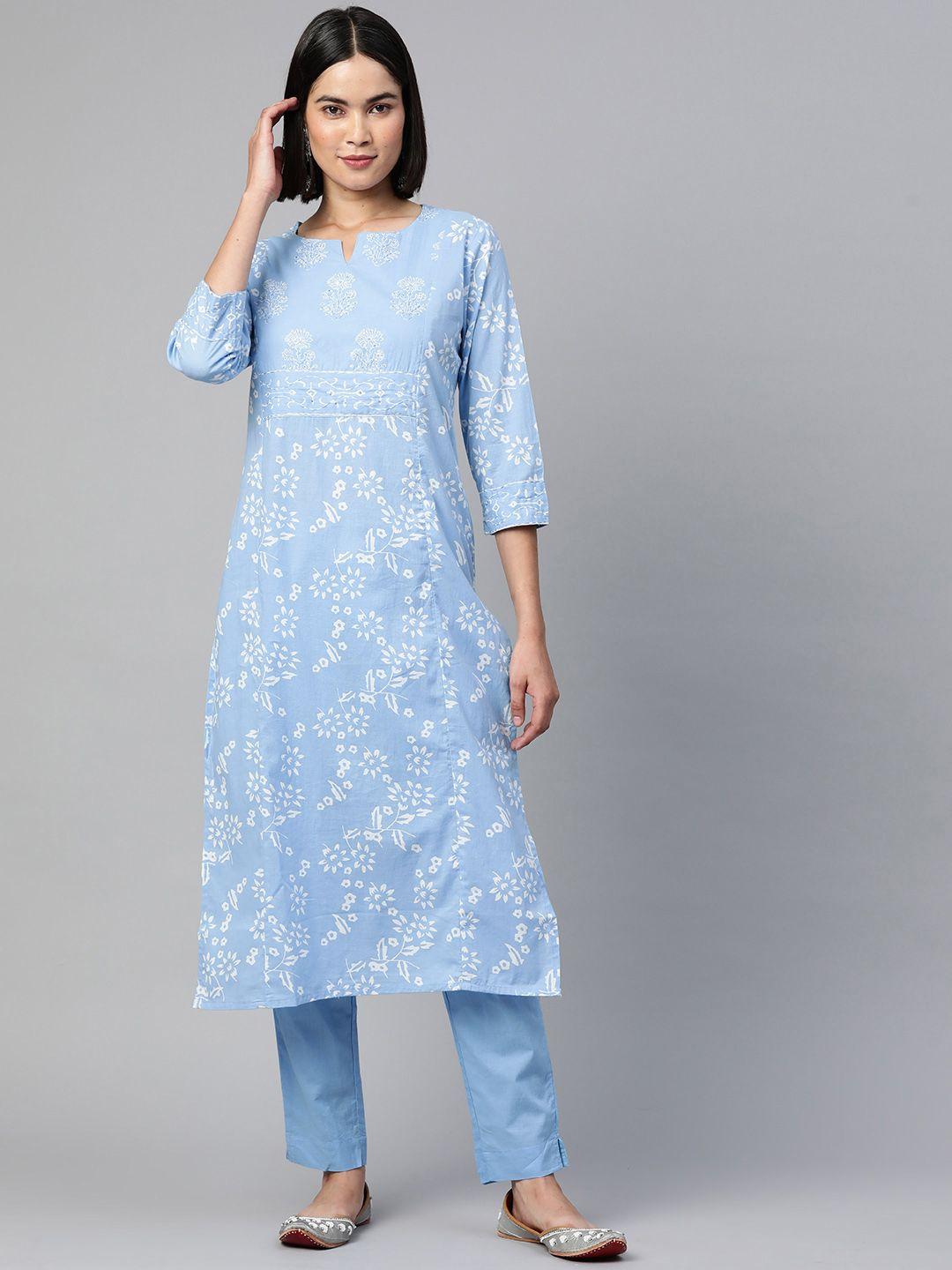 readiprint fashions women blue floral printed sequinned pure cotton kurta with trousers