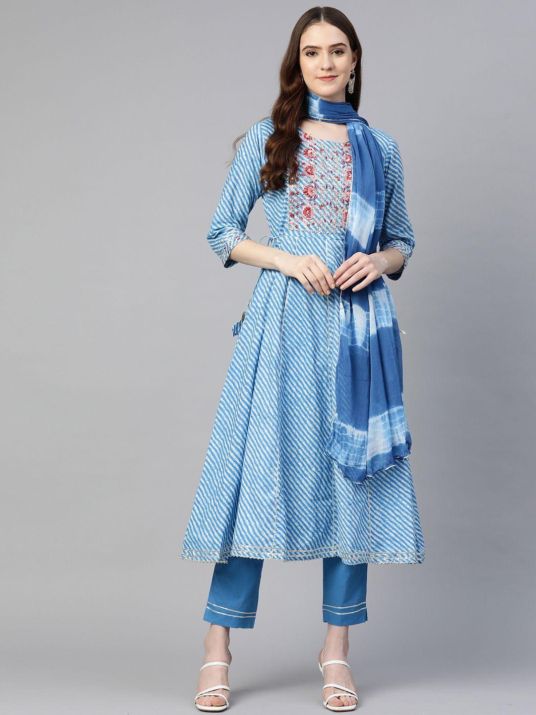 readiprint fashions women blue leheriya embroidered sequinned pure cotton kurta with trousers & with dupatta