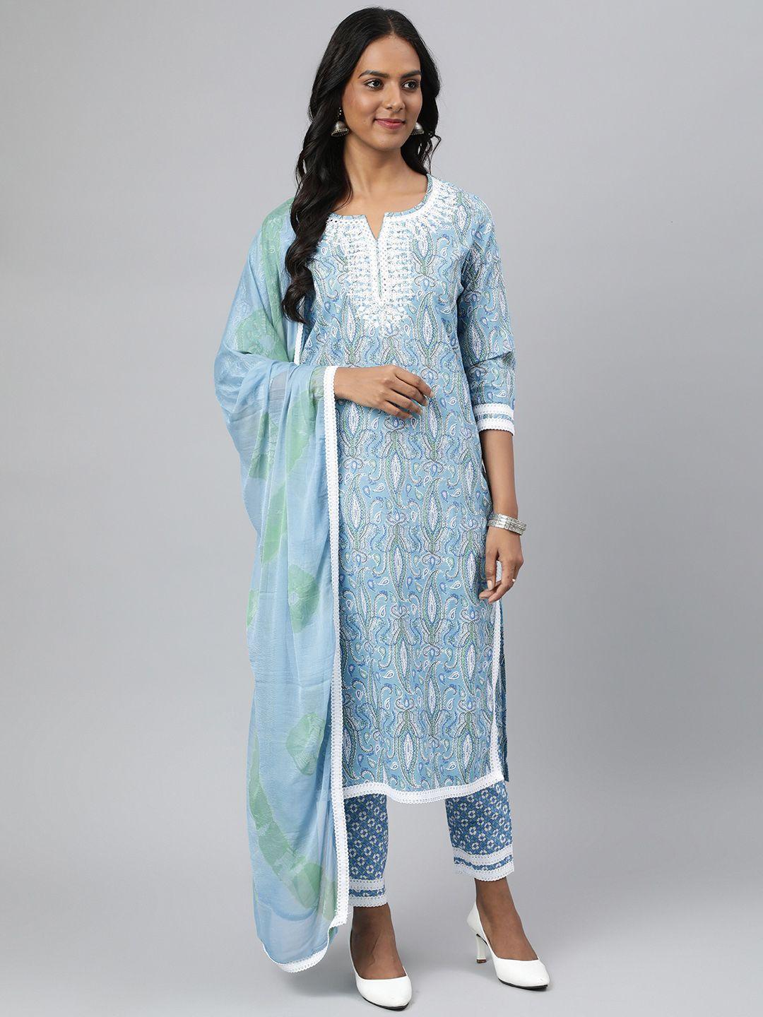 readiprint fashions women blue paisley printed thread work pure cotton kurta with palazzos & with dupatta