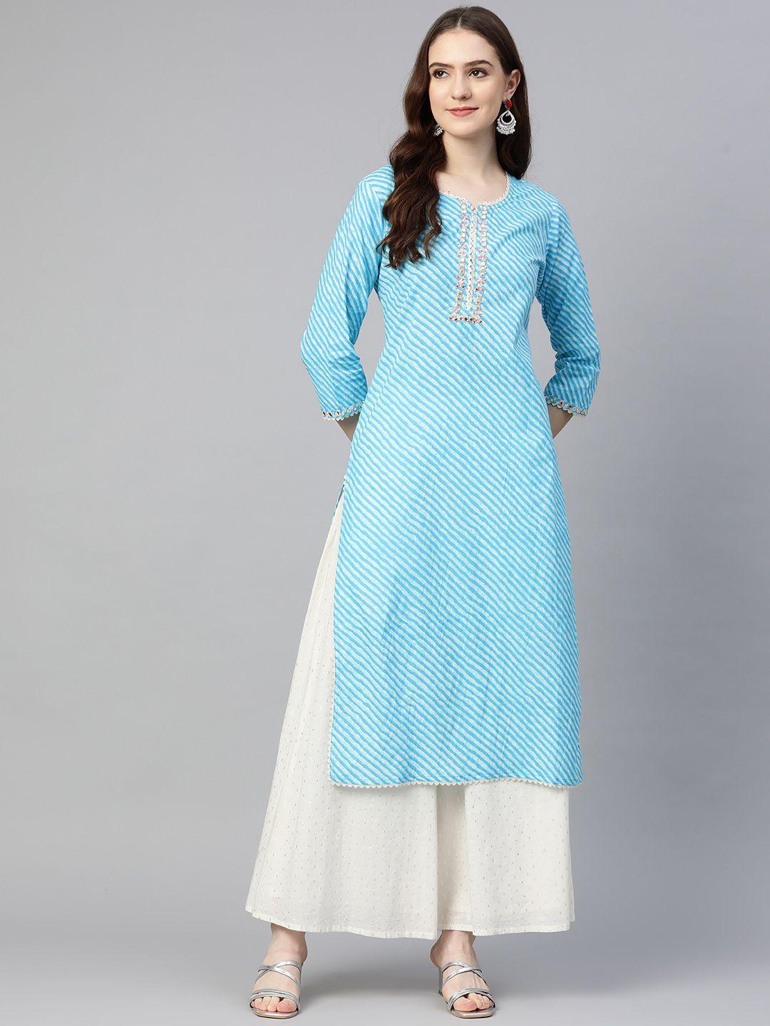 readiprint fashions women blue pure cotton embroidered thread work kurta