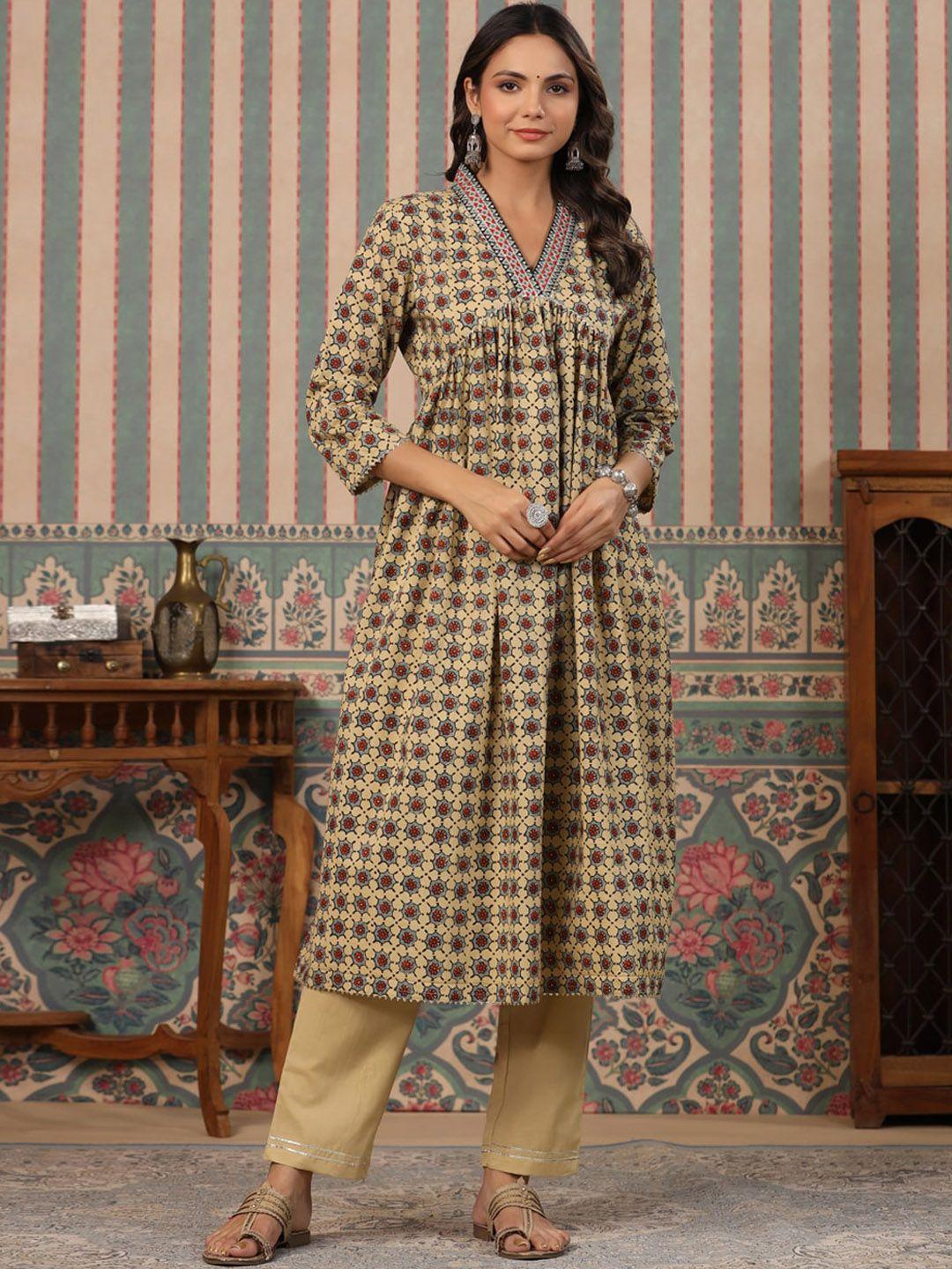 readiprint fashions women brown floral printed empire gotta patti pure cotton kurti with palazzos