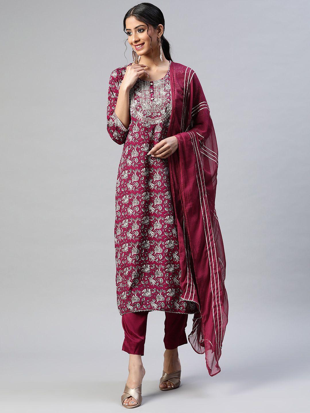 readiprint fashions women burgundy floral embroidered kurta with trousers & dupatta