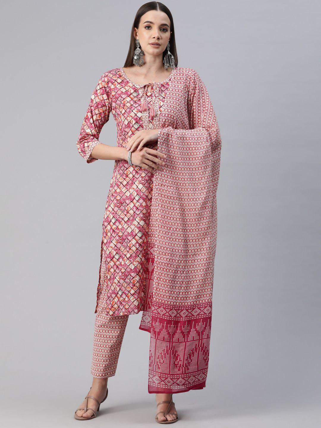 readiprint fashions women checked beaded pure cotton kurta with trousers & with dupatta