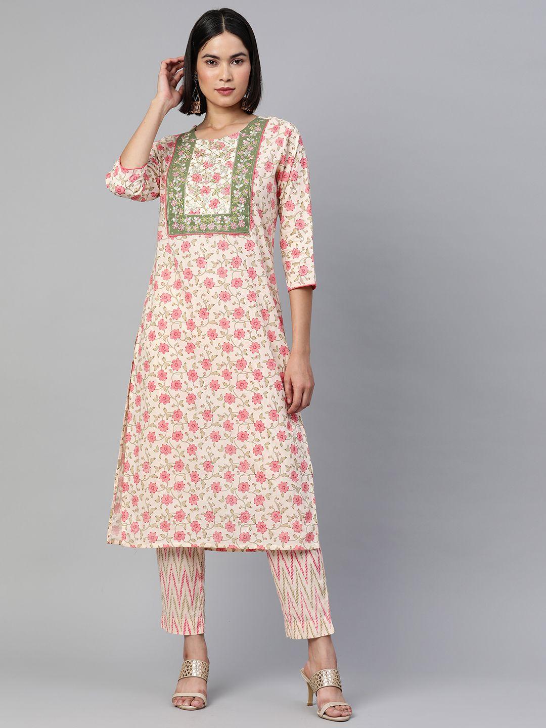 readiprint fashions women cream-coloured floral embroidered thread work pure cotton kurta with trousers