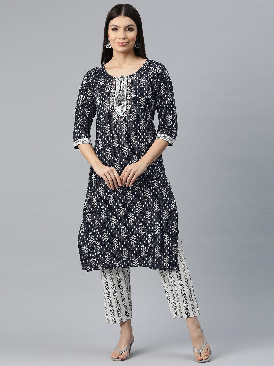 readiprint fashions women ethnic motifs print thread work pure cotton kurta with trousers