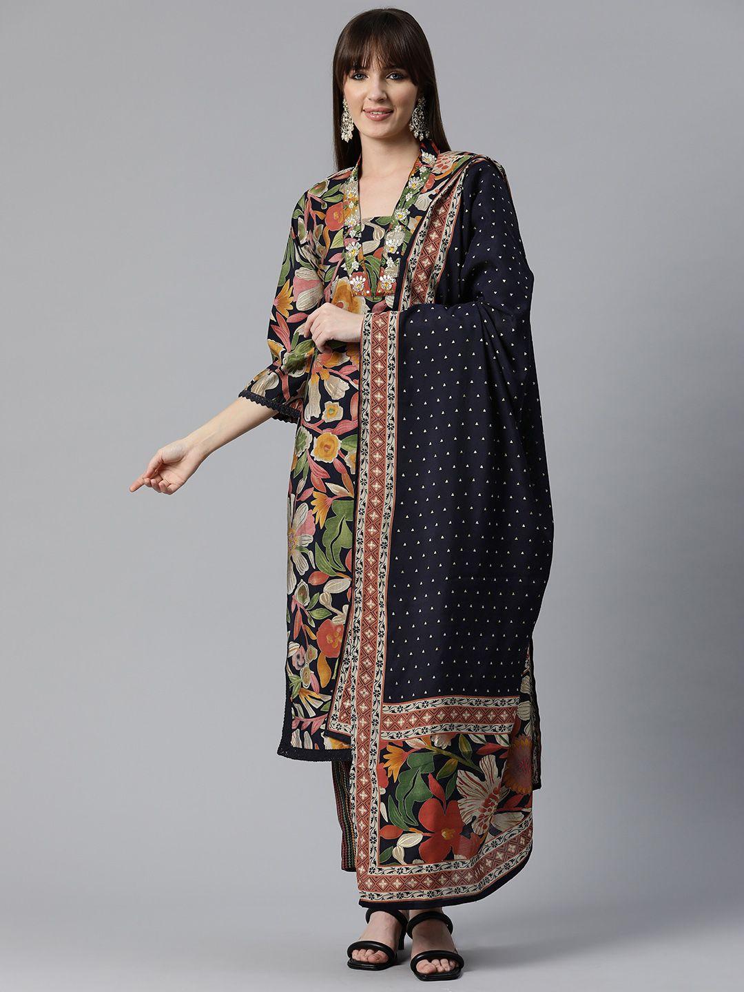 readiprint fashions women ethnic motifs printed regular mirror work pure silk kurta set