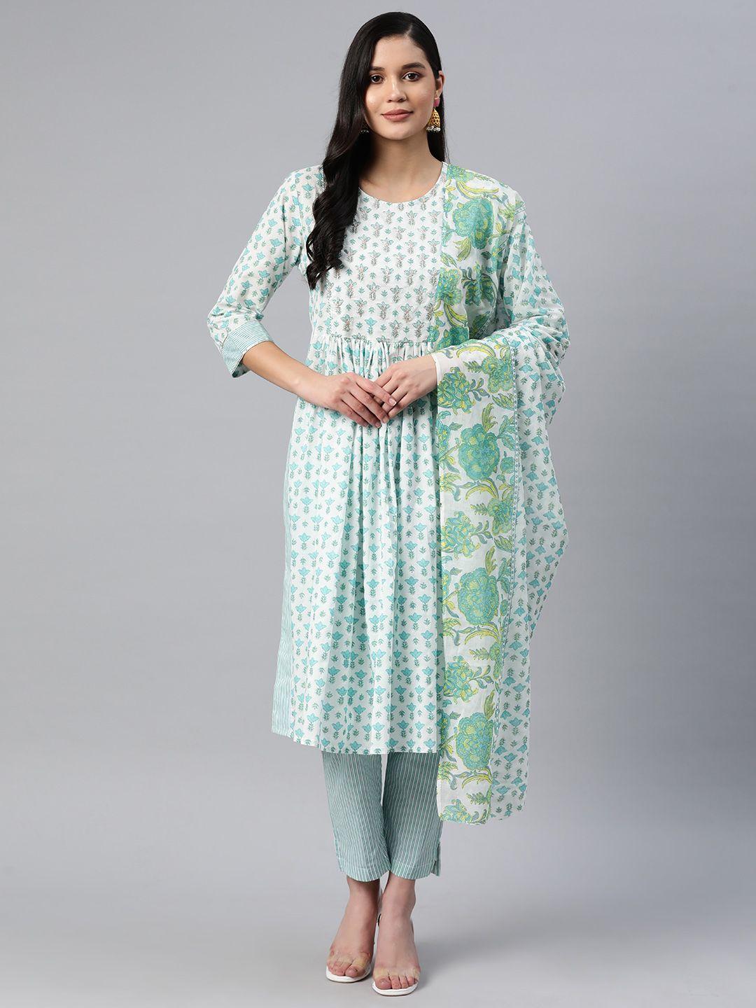 readiprint fashions women floral embroidered anarkali cotton kurta with trousers & dupatta