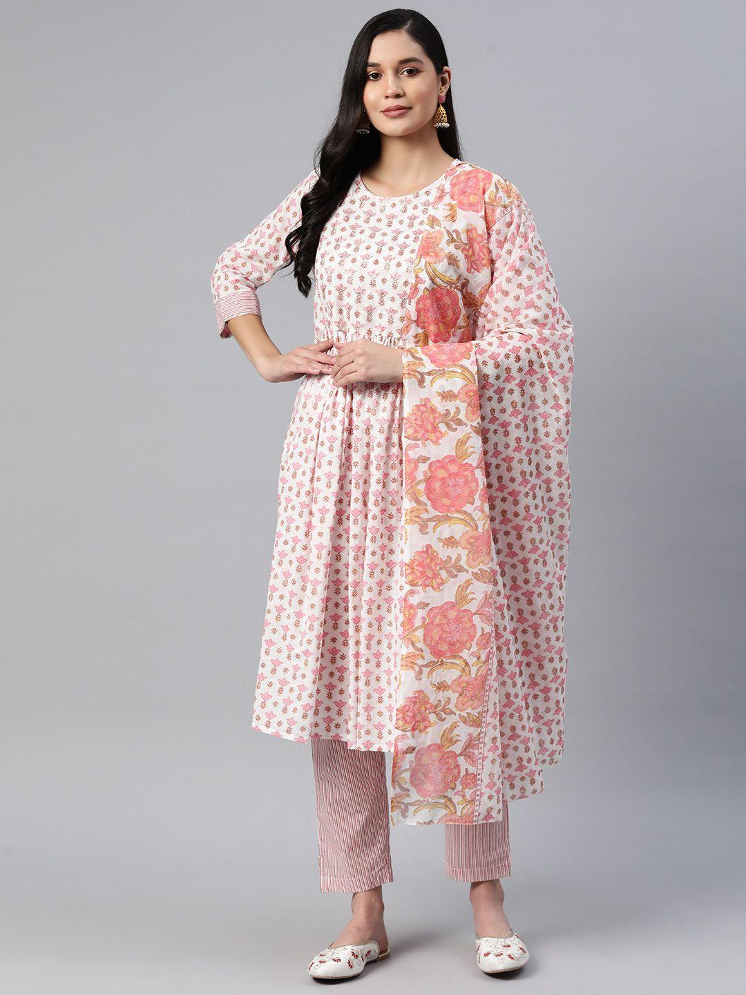 readiprint fashions women floral embroidered pleated cotton kurta with trousers & dupatta