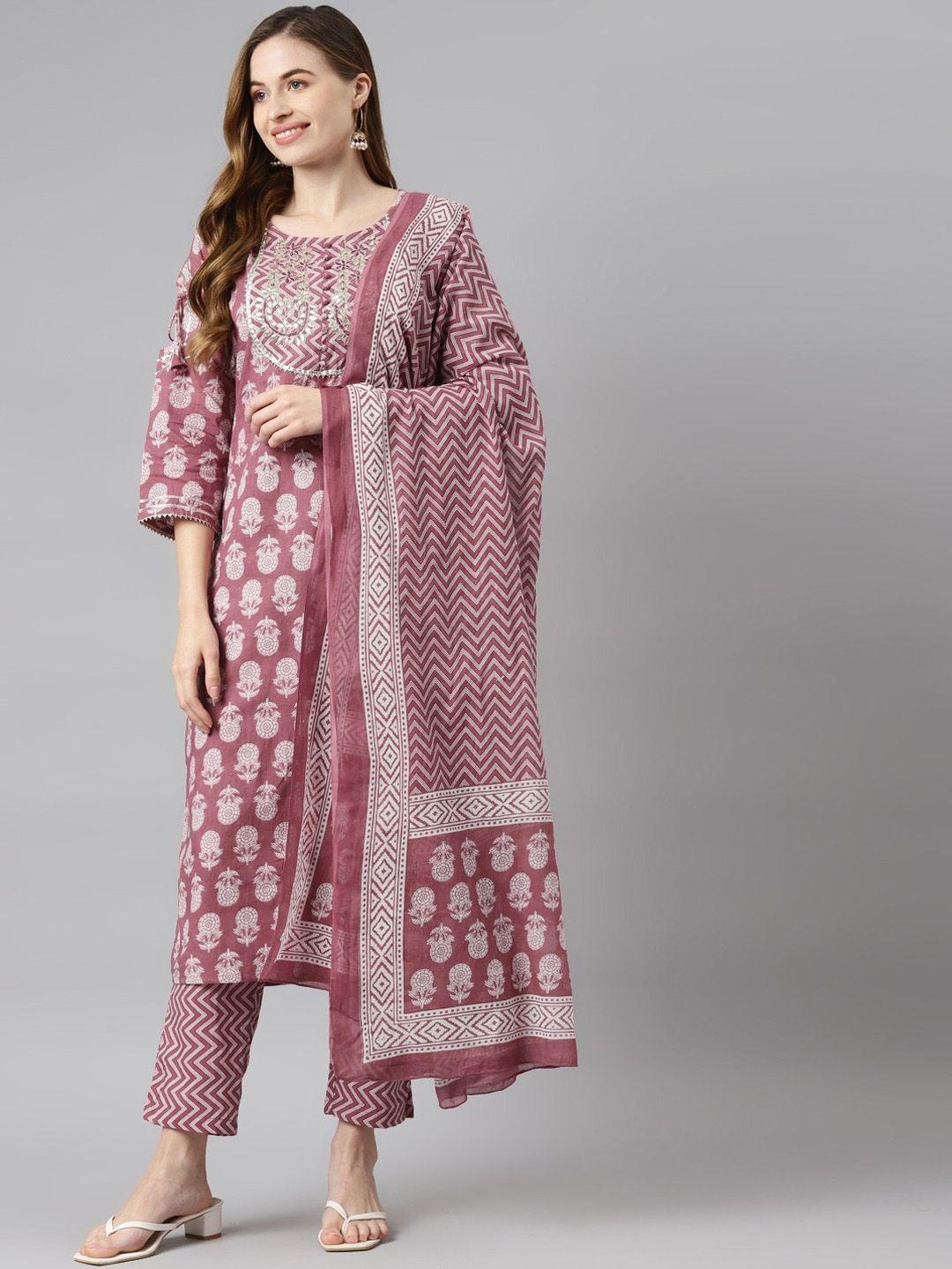 readiprint fashions women floral embroidered pure cotton kurta with trousers & dupatta
