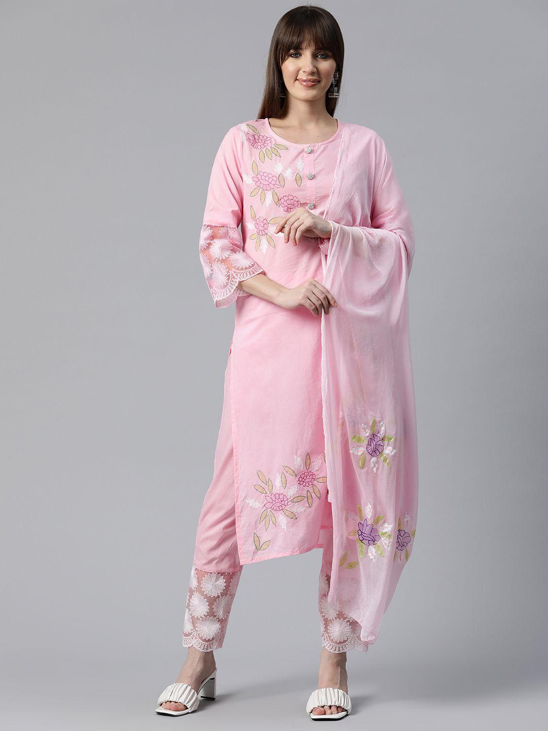 readiprint fashions women floral embroidered regular cotton kurta with trousers & dupatta