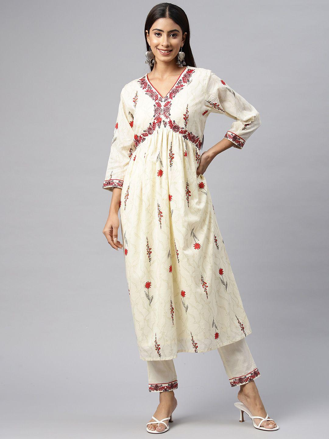 readiprint fashions women floral embroidered thread work pure cotton kurta with trousers