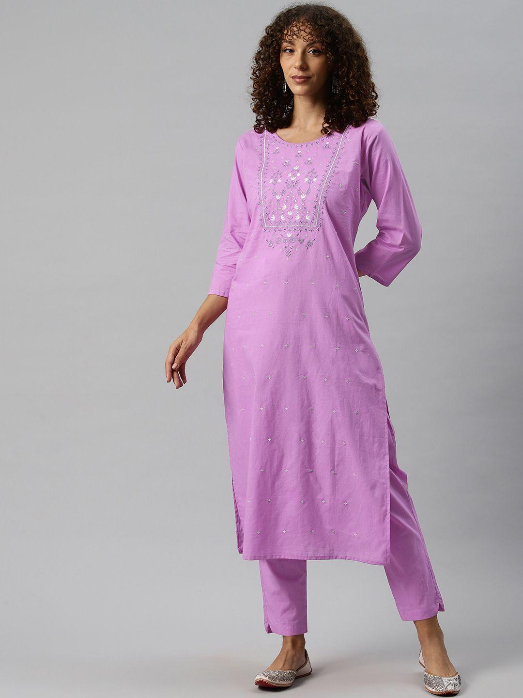 readiprint fashions women floral embroidered thread work pure cotton kurta with trousers