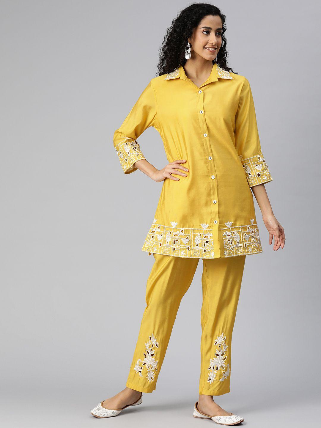 readiprint fashions women floral embroidered thread work pure silk kurti with trousers