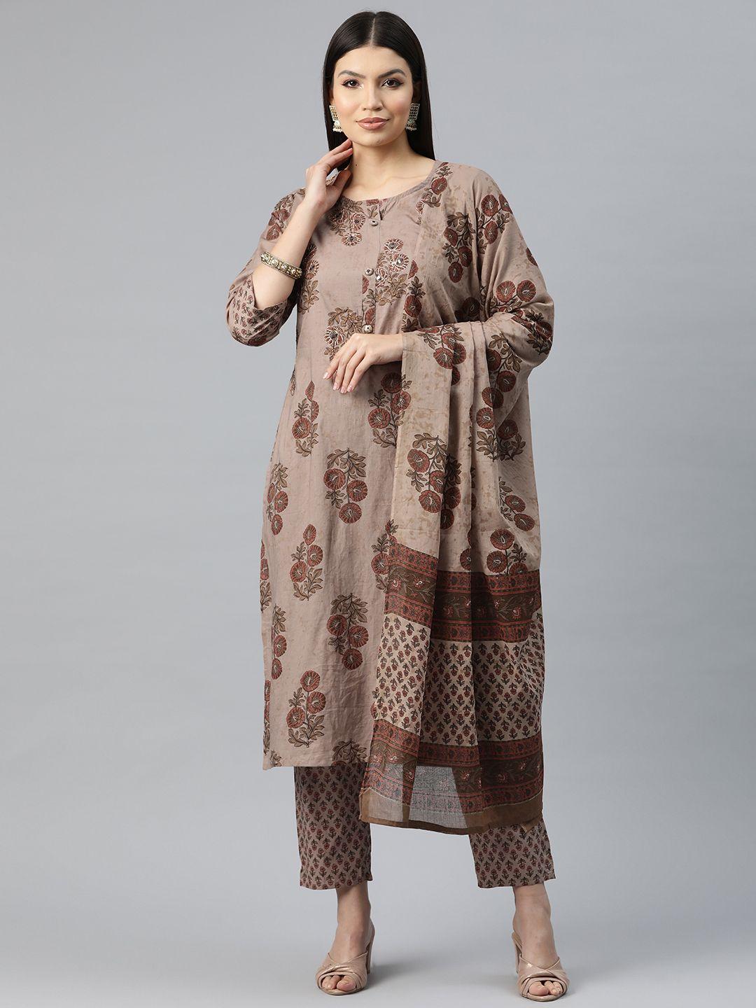 readiprint fashions women floral print pure cotton kurta with trousers & dupatta
