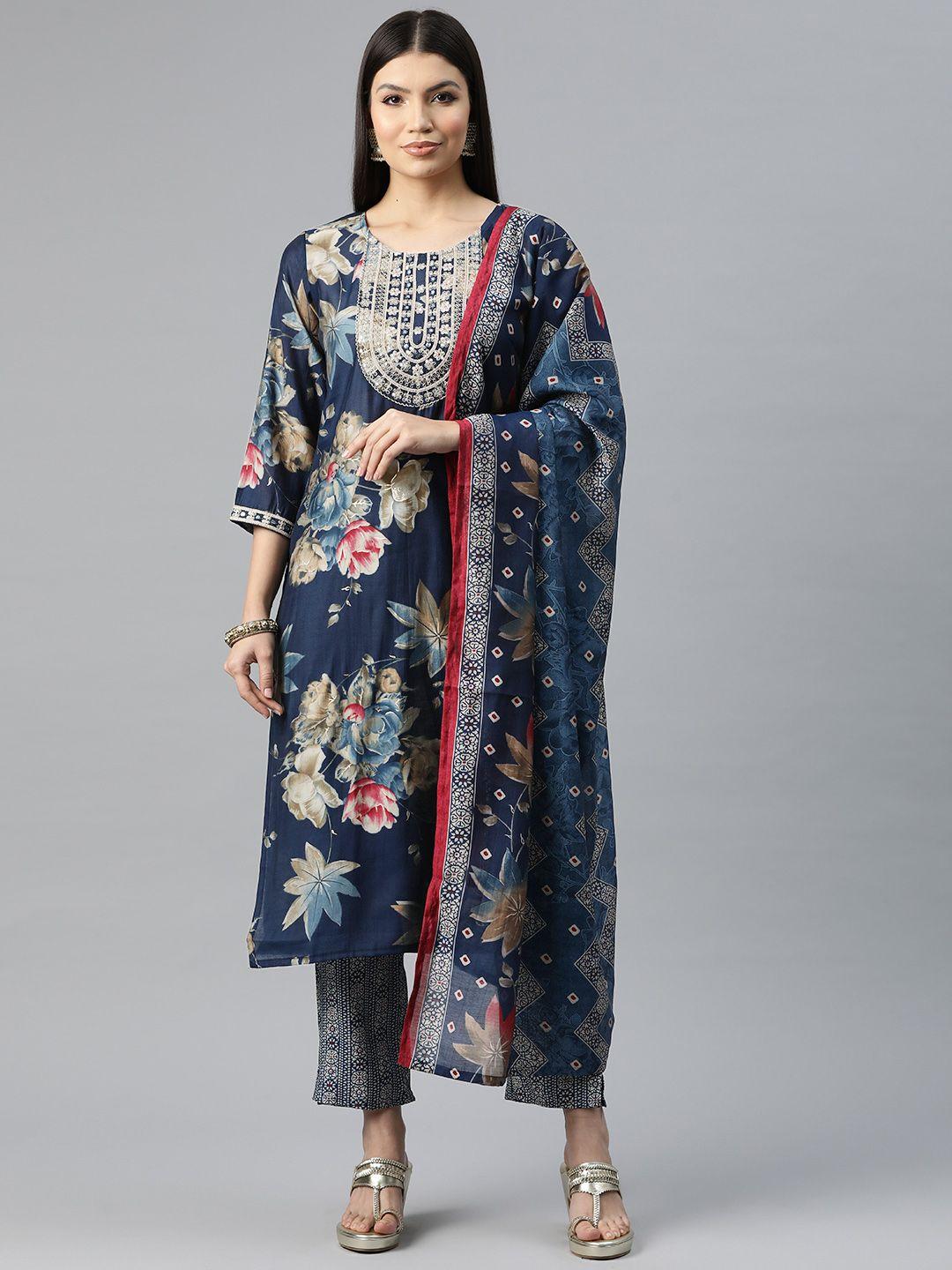 readiprint fashions women floral print pure silk kurta with trousers & dupatta