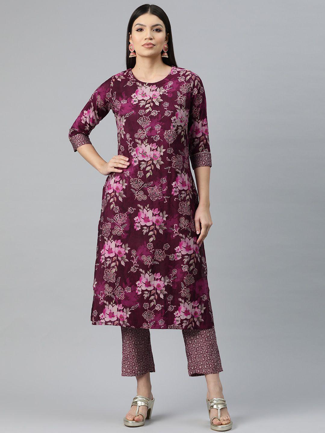 readiprint fashions women floral print pure silk kurta with trousers