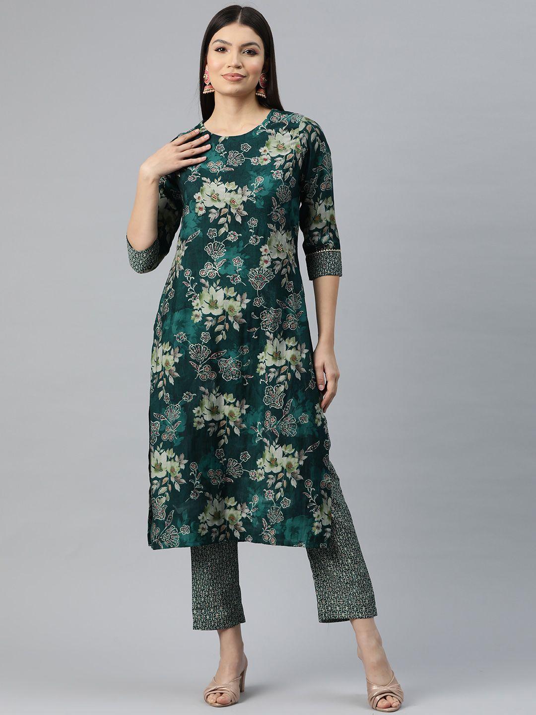 readiprint fashions women floral print pure silk kurta with trousers