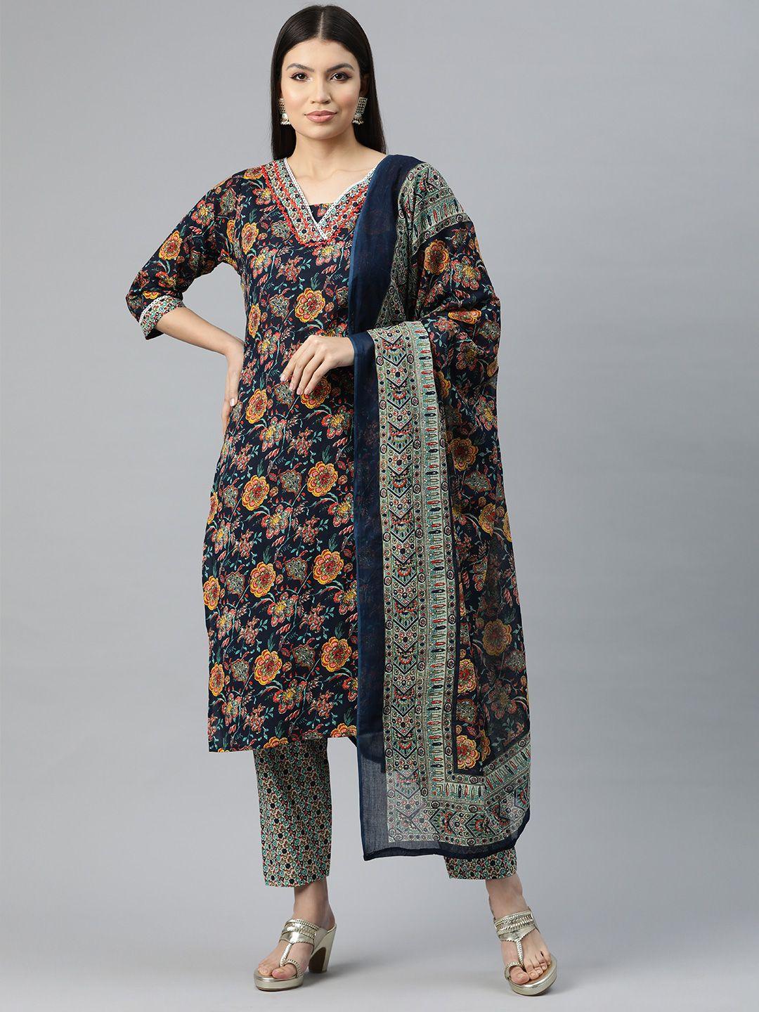 readiprint fashions women floral print thread work pure cotton kurta trousers & dupatta