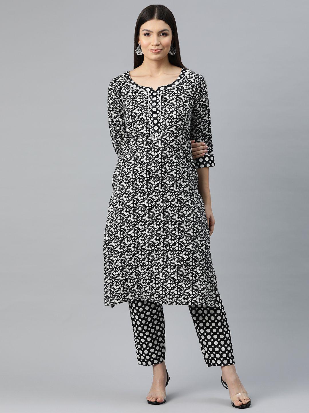 readiprint fashions women floral print thread work pure cotton kurta with trousers