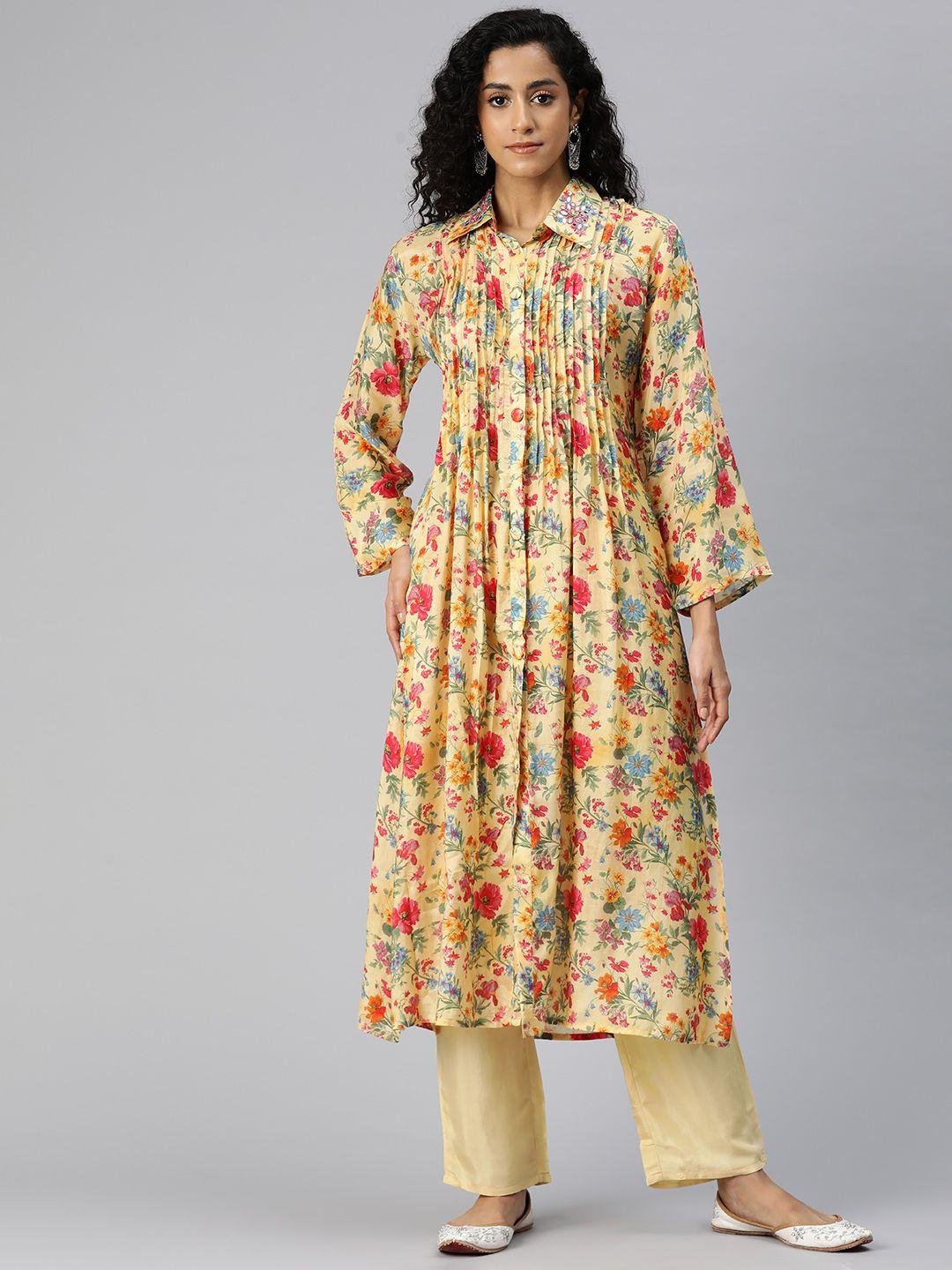 readiprint fashions women floral printed a-line mirror work pure silk kurta with palazzos