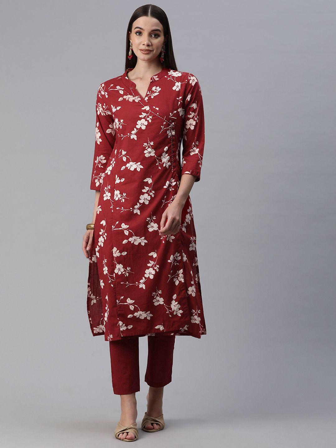 readiprint fashions women floral printed angrakha sequinned pure cotton kurta with trousers