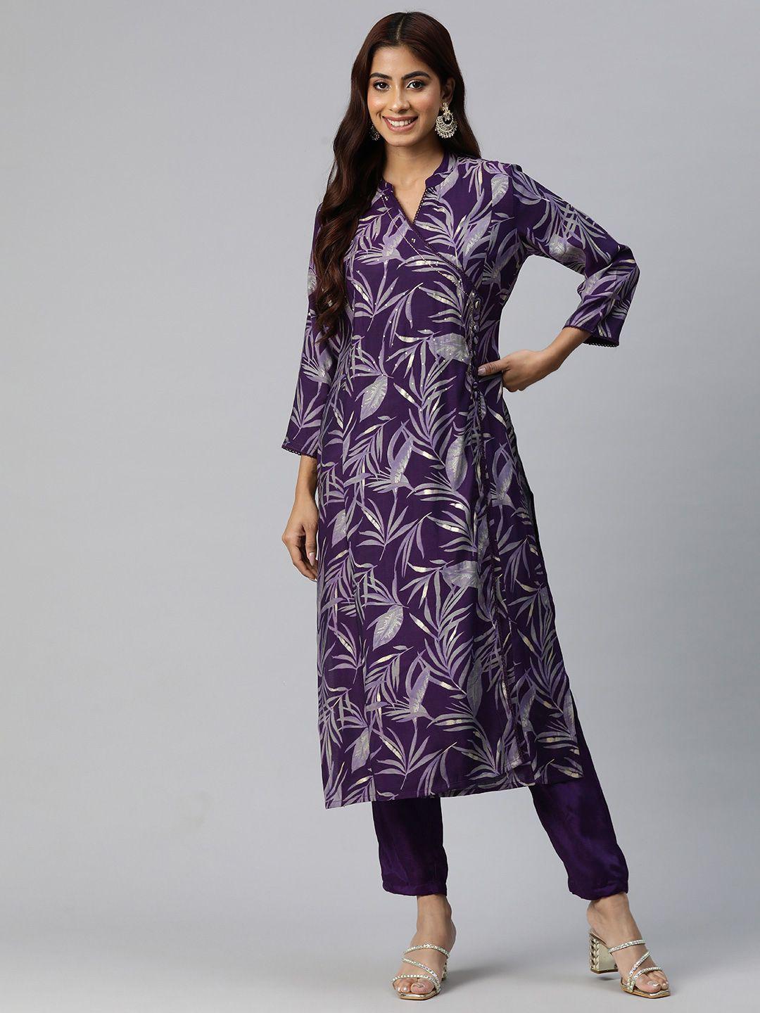 readiprint fashions women floral printed angrakha sequinned pure silk kurta with trousers
