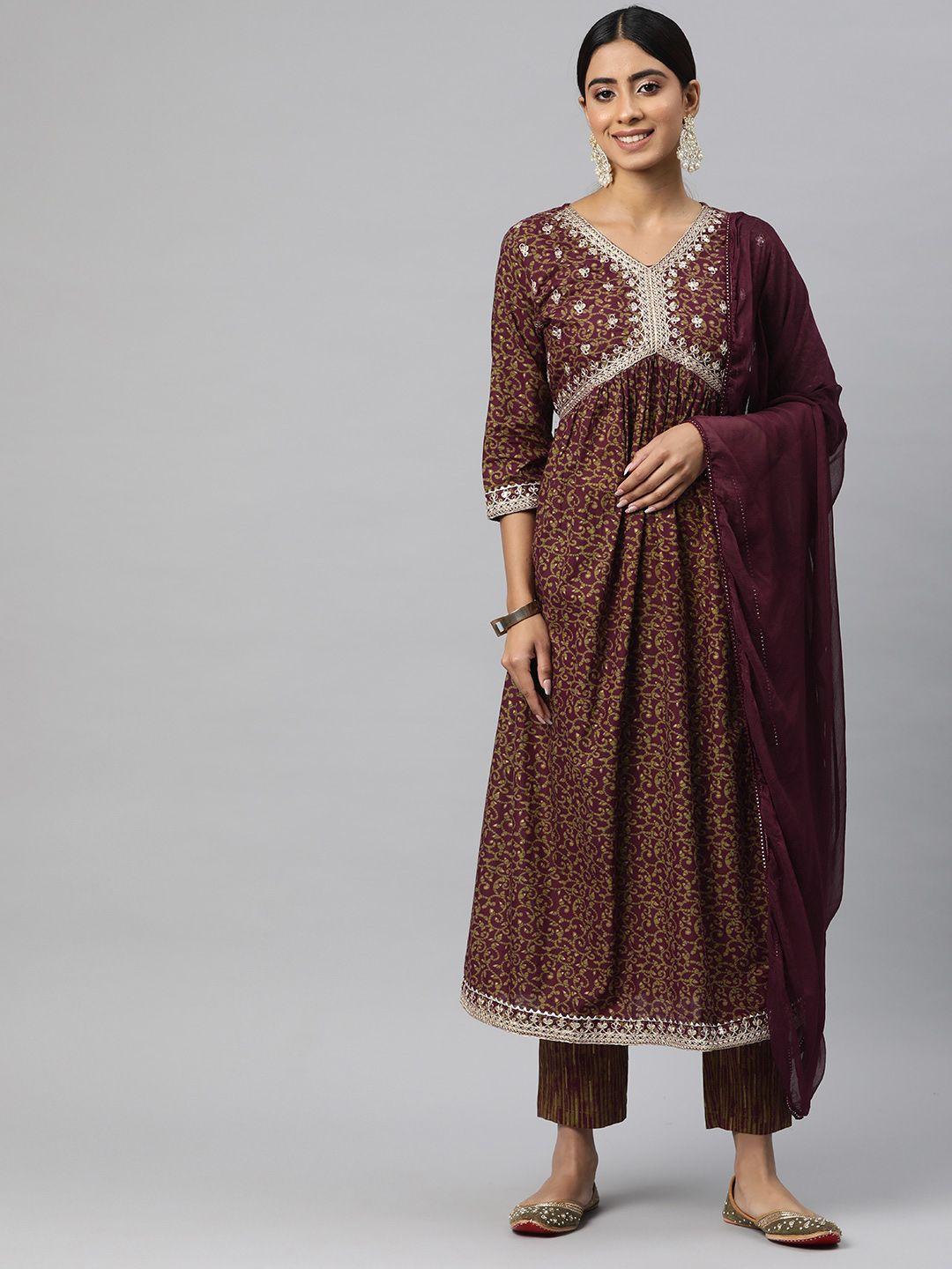 readiprint fashions women floral printed empire kurta with trousers & with dupatta