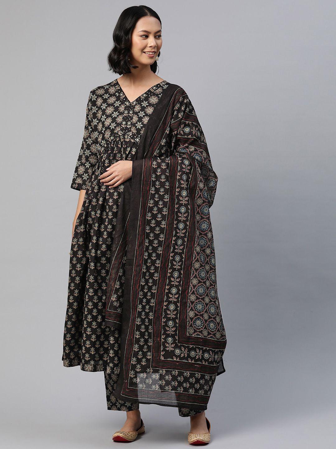 readiprint fashions women floral printed empire sequinned pure cotton kurta set