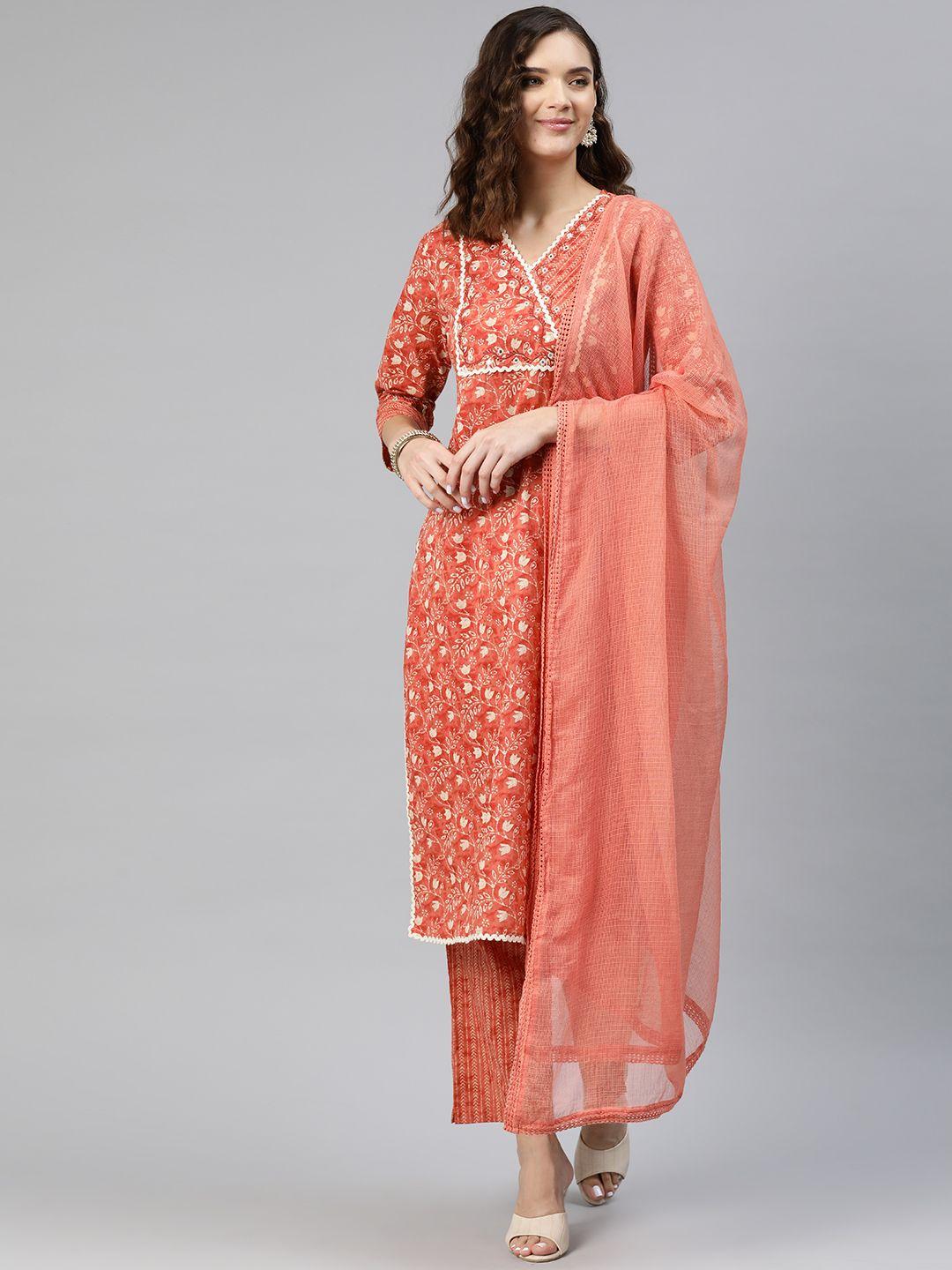 readiprint fashions women floral printed mirror work cotton kurta with palazzos & dupatta