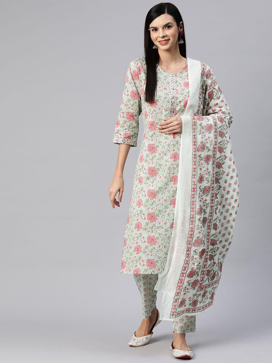 readiprint fashions women floral printed mirror work cotton kurta with palazzos & dupatta