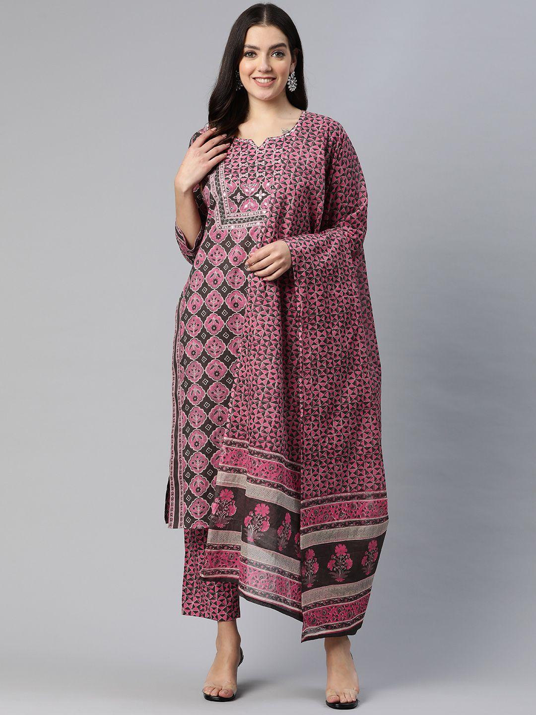 readiprint fashions women floral printed mirror work cotton kurta with palazzos & dupatta