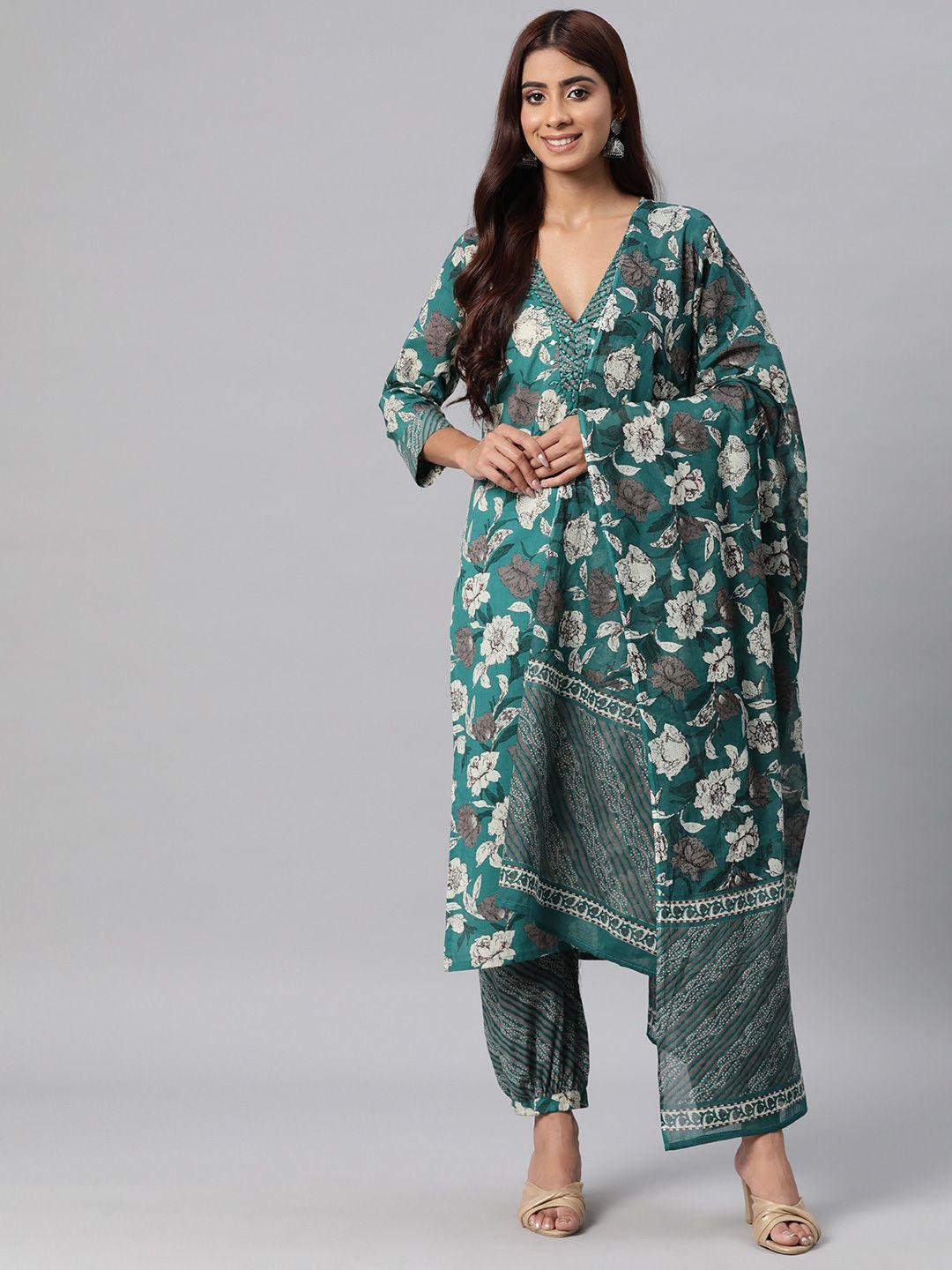 readiprint fashions women floral printed mirror work cotton kurta with salwar & dupatta