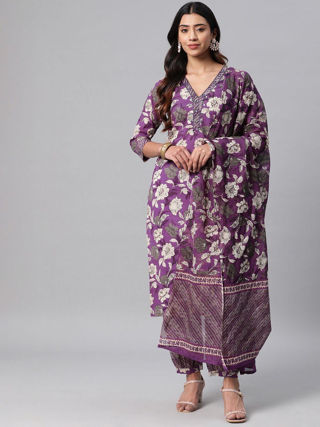readiprint fashions women floral printed mirror work cotton kurta with salwar & dupatta