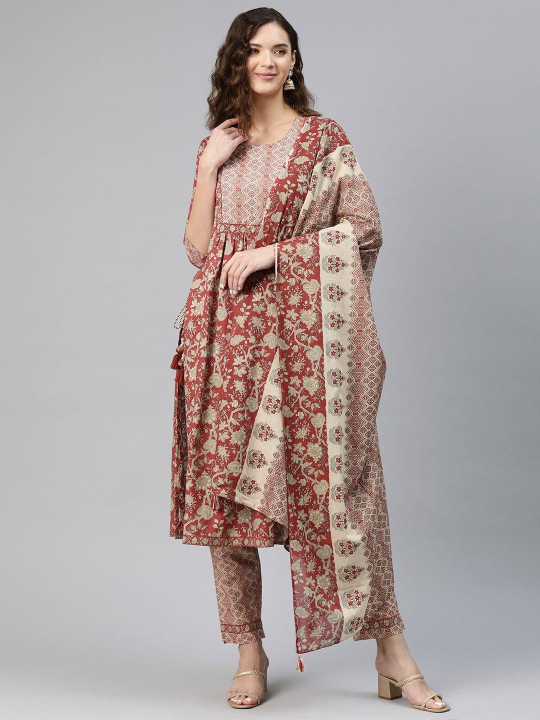 readiprint fashions women floral printed mirror work kurta with trousers & with dupatta