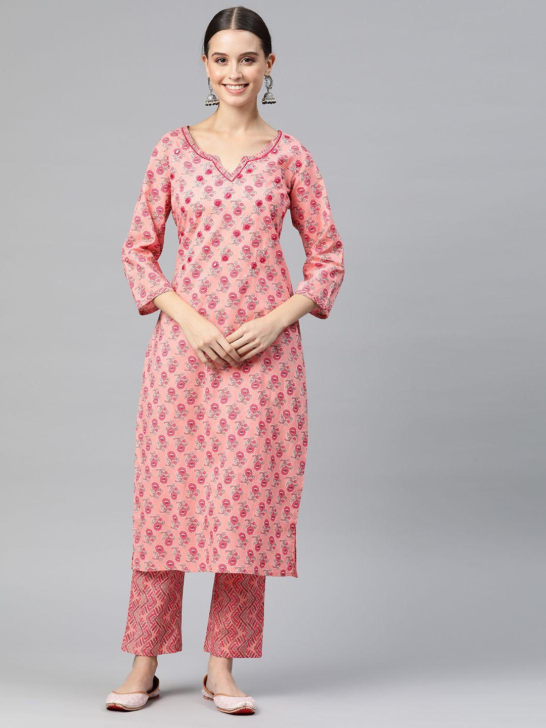 readiprint fashions women floral printed mirror work pure cotton kurta with palazzos