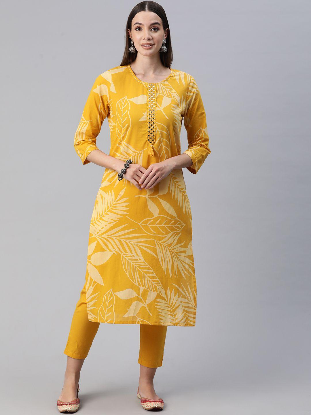 readiprint fashions women floral printed mirror work pure cotton kurta with trousers