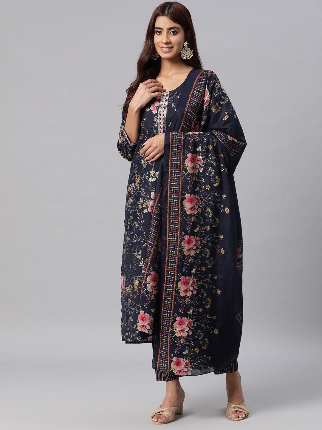 readiprint fashions women floral printed mirror work silk kurta with trousers & dupatta