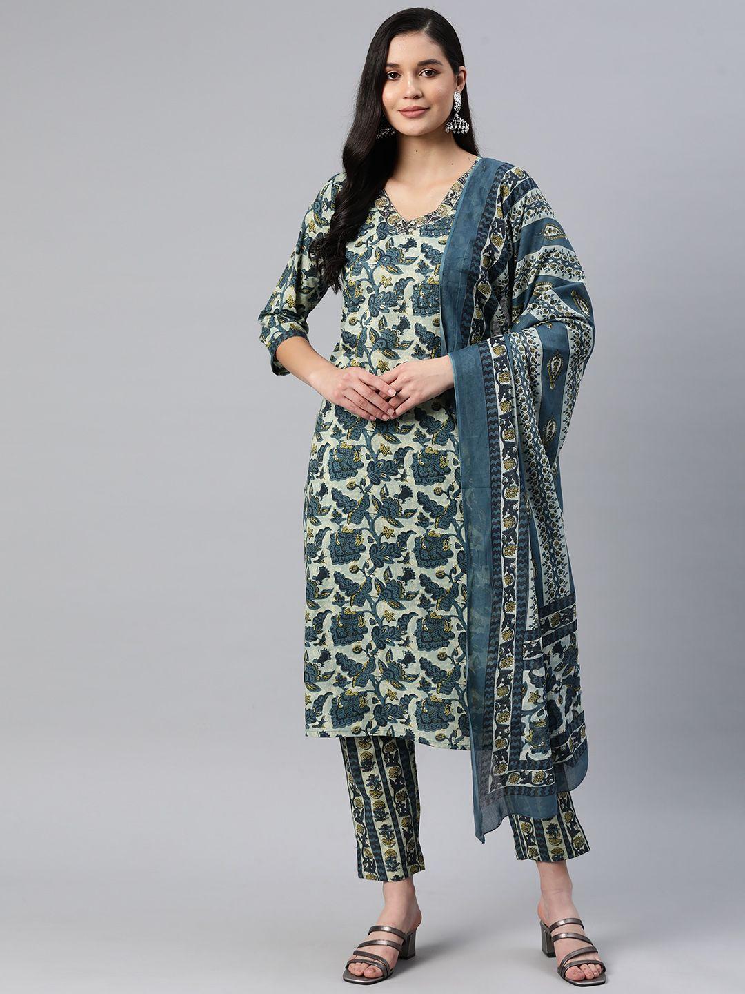 readiprint fashions women floral printed pure cotton kurta with trousers & dupatta